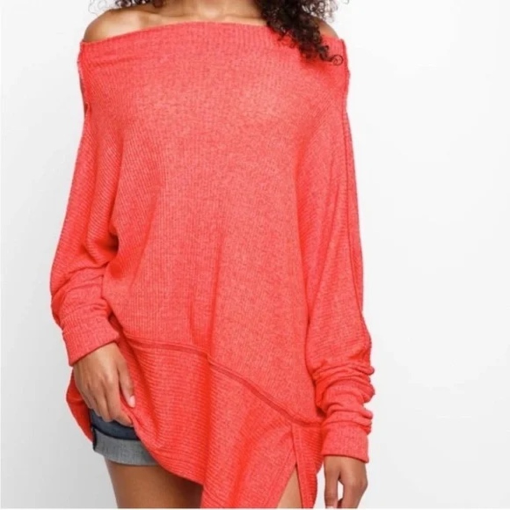 We The Free Free People Red Ribbed Knit Oversized Tunic Top Size XS Off Shoulder